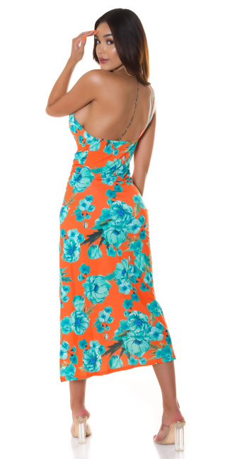 Summer Dress with XL Leg Slit and flower print Orange